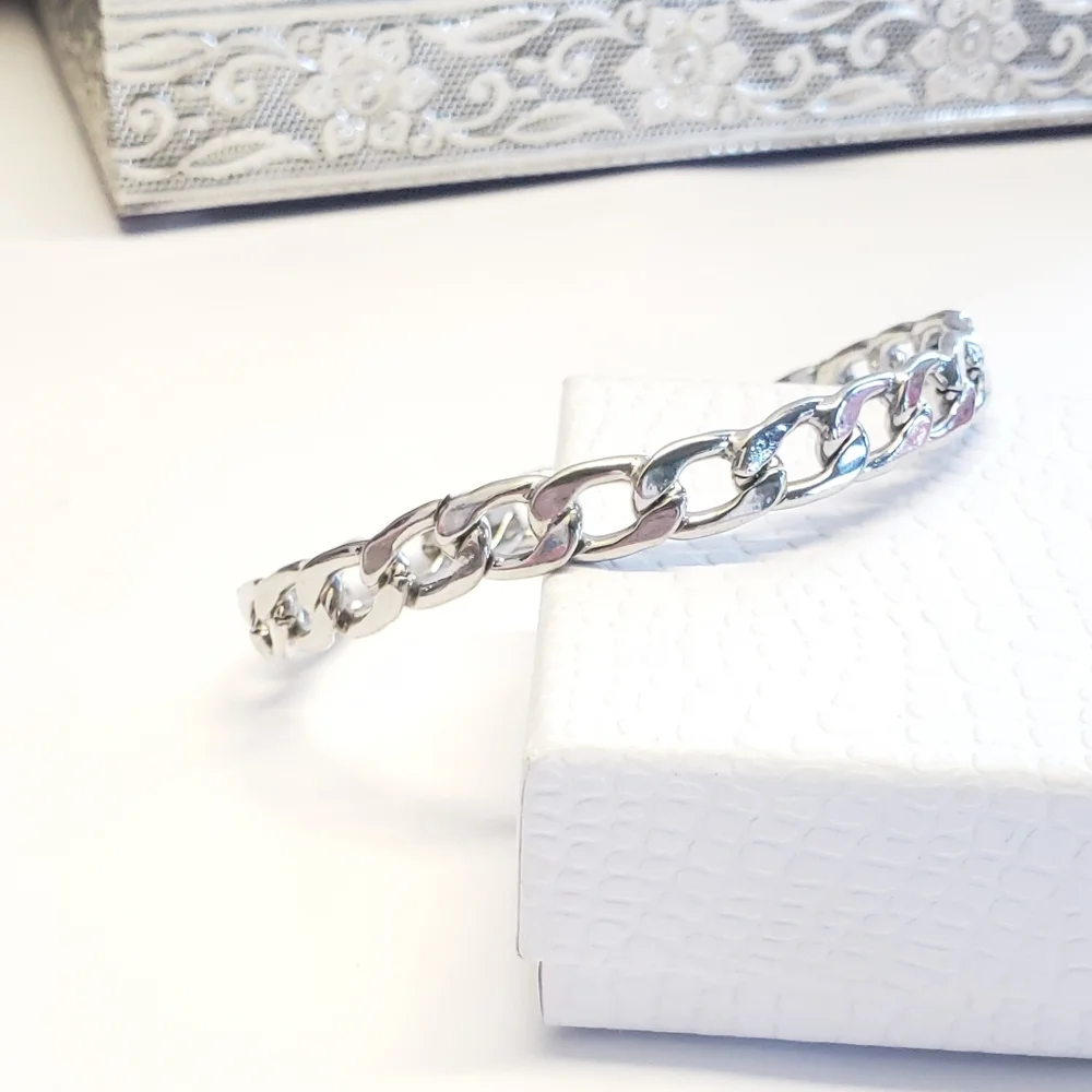 Silver Plated Curb Chain Link Bangle Bracelet Classic Style Chain Bangle
